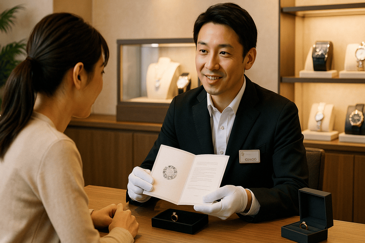 ウォッチニアン買取専門店の鑑定士がブランドジュエリーを丁寧に査定する様子