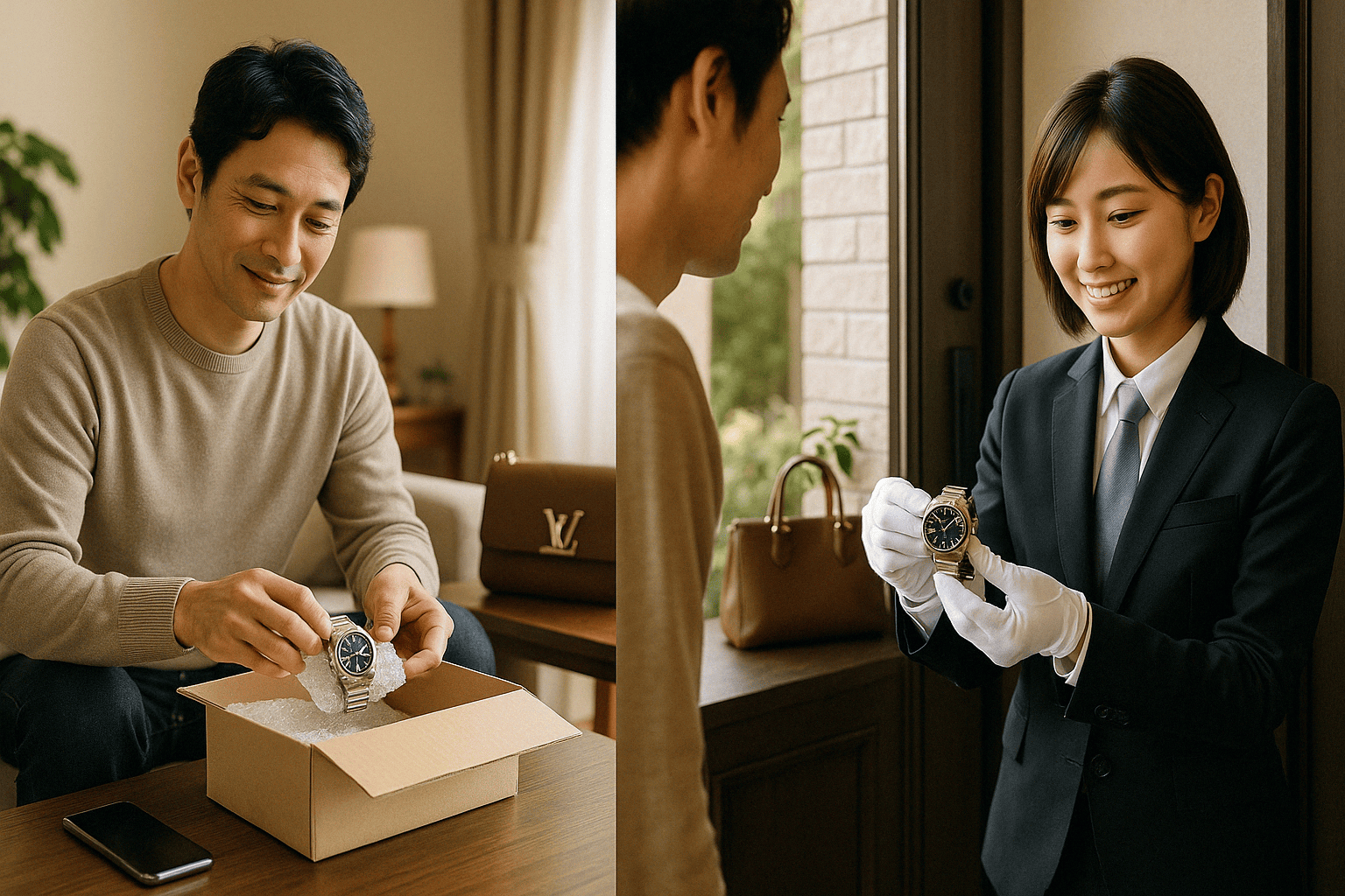 自宅で時計の出張査定を受ける、または宅配キットで梱包するイメージ