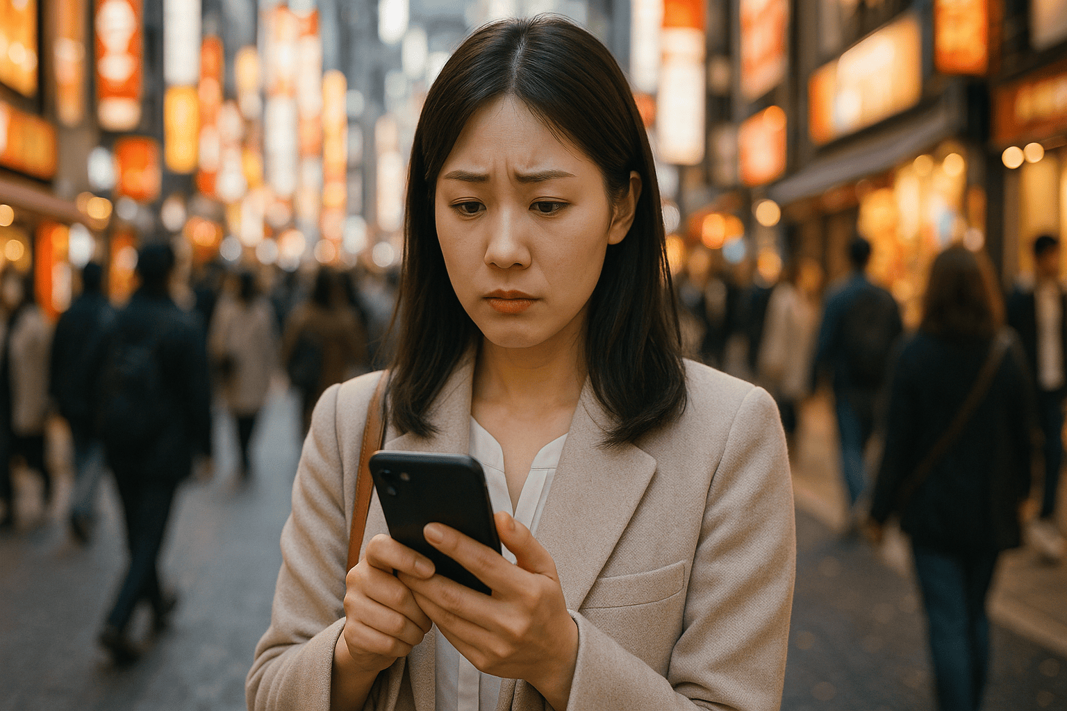 渋谷の多くの看板が立ち並ぶ通り。スマートフォンを片手に持ち、どの買取店が良いか迷っているような表情の日本人女性が歩いている。情報の多さに戸惑う様子を表現。