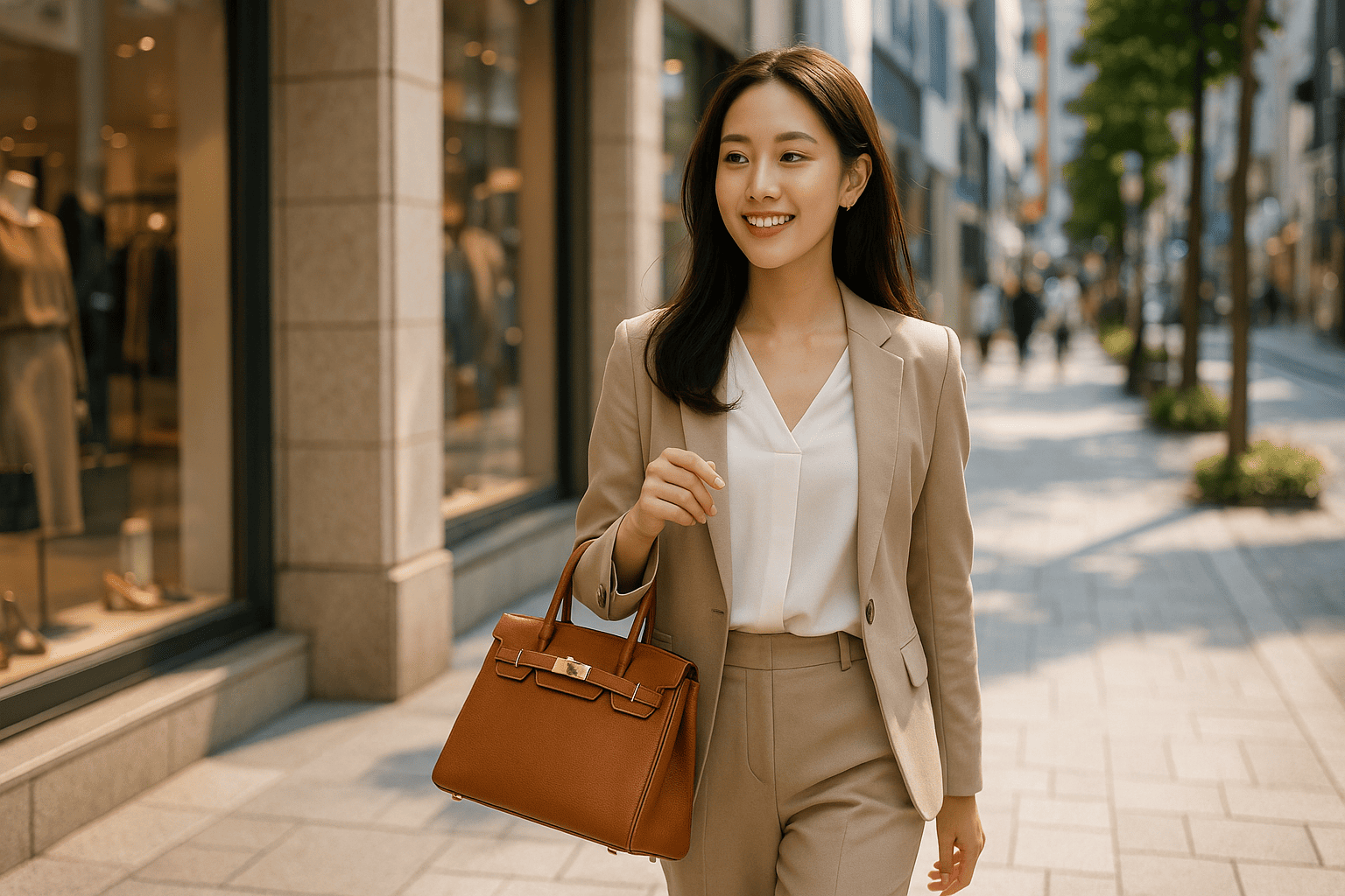 渋谷のおしゃれな街角で、高級ブランドバッグを持った人々が行き交う様子。