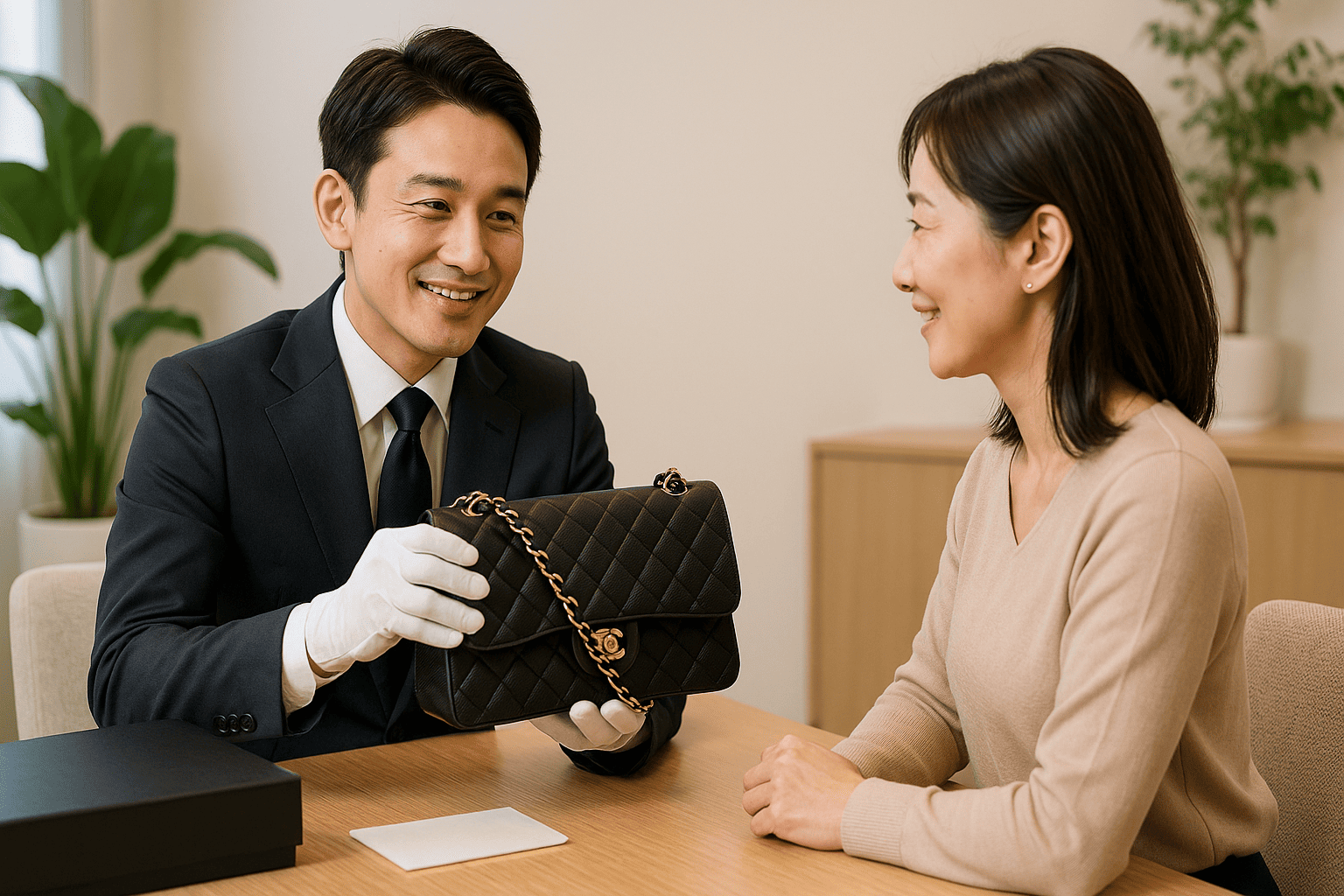 ウォッチニアン買取専門店の明るい査定ブースで、鑑定士が顧客のバッグの状態を確認し説明している。信頼感が伝わる。