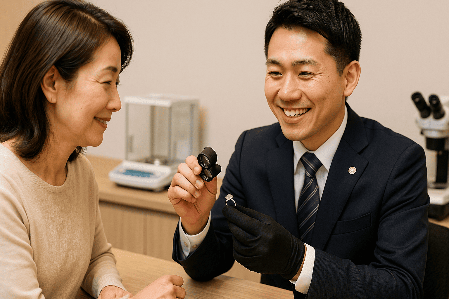 ウォッチニアン買取専門店の鑑定士がルーペでダイヤモンドを鑑定し、顧客に説明している。専門性が伝わる。