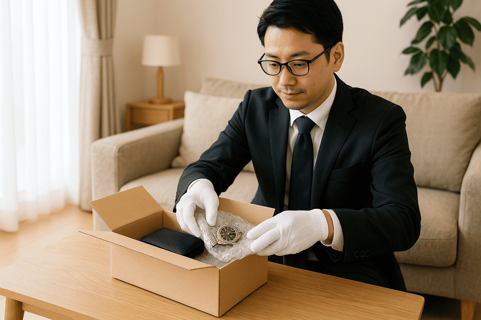 日本人男性が、届いた宅配キットにブランド品(時計や財布など)を丁寧に梱包している様子。