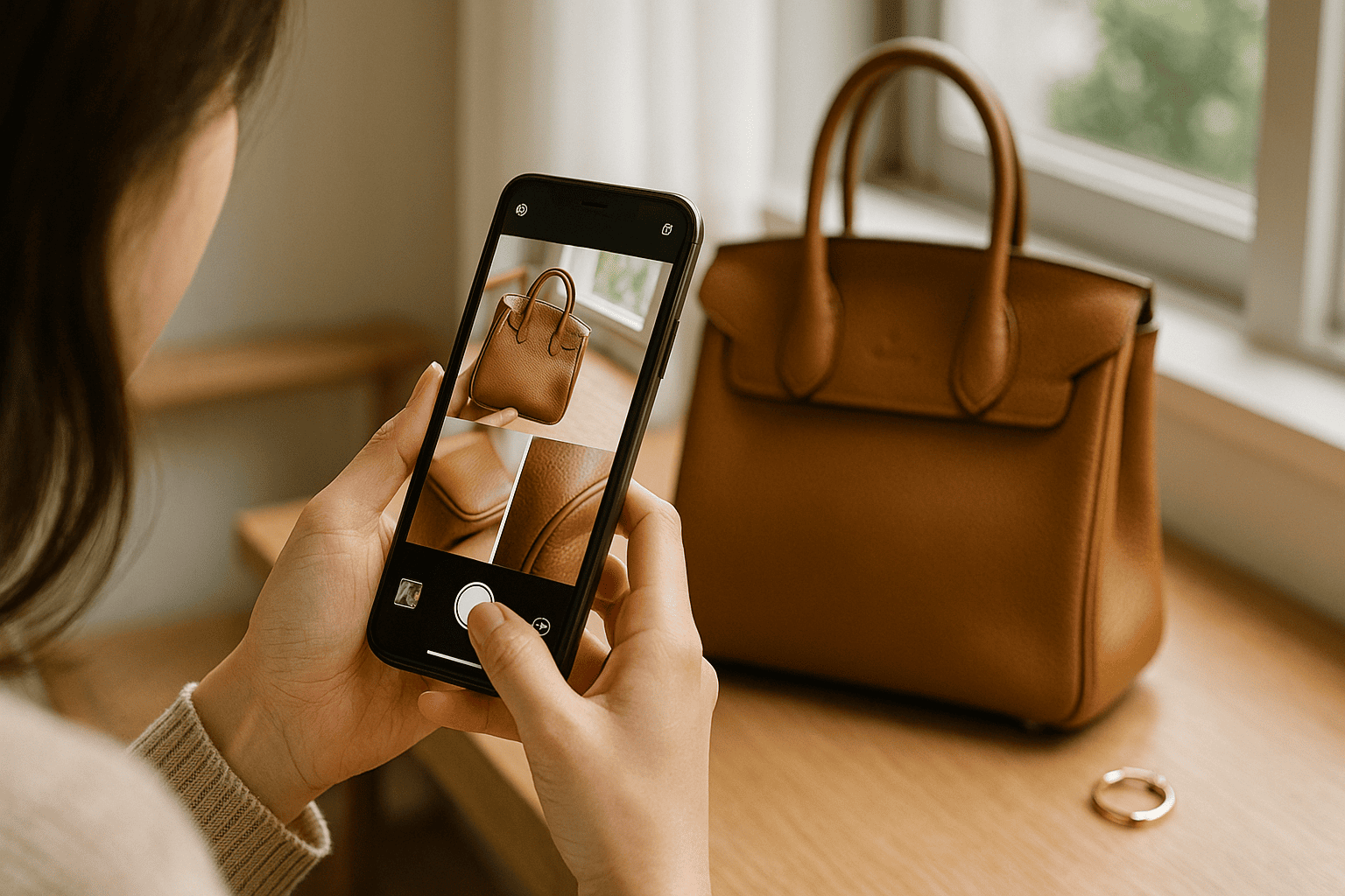 スマートフォンでブランドバッグの写真を明るい場所で撮っている手元。傷や付属品も写す工夫が見える。
