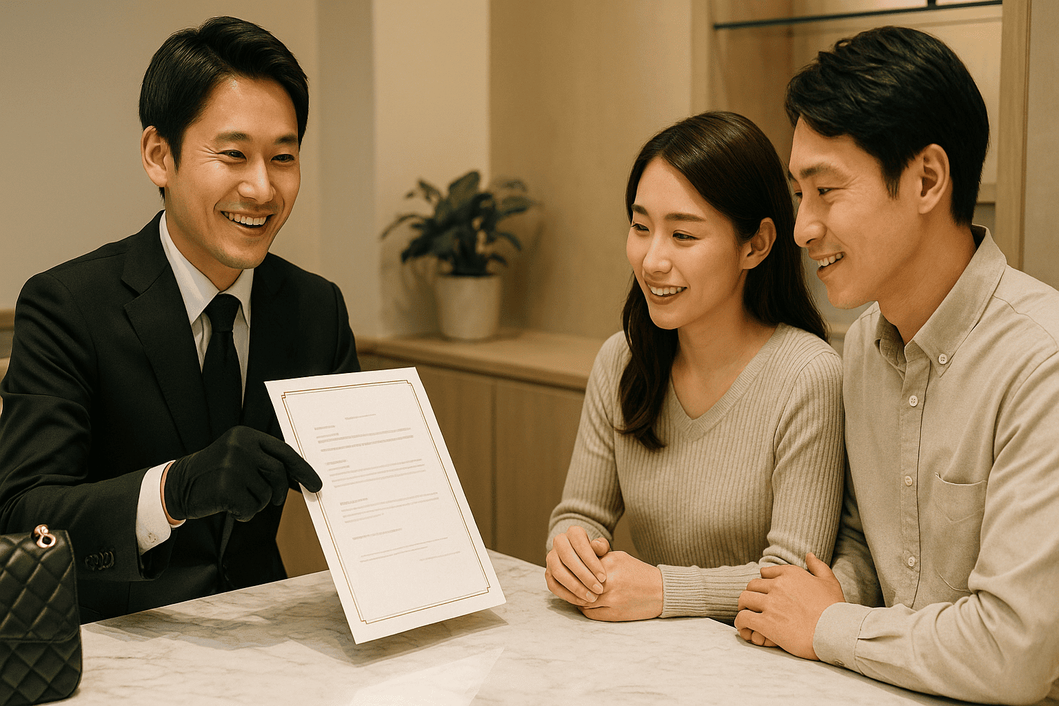 ウォッチニアン買取専門店の明るい店内で、鑑定士が査定内容について顧客に丁寧に説明し、顧客は納得した表情。信頼感が伝わる。