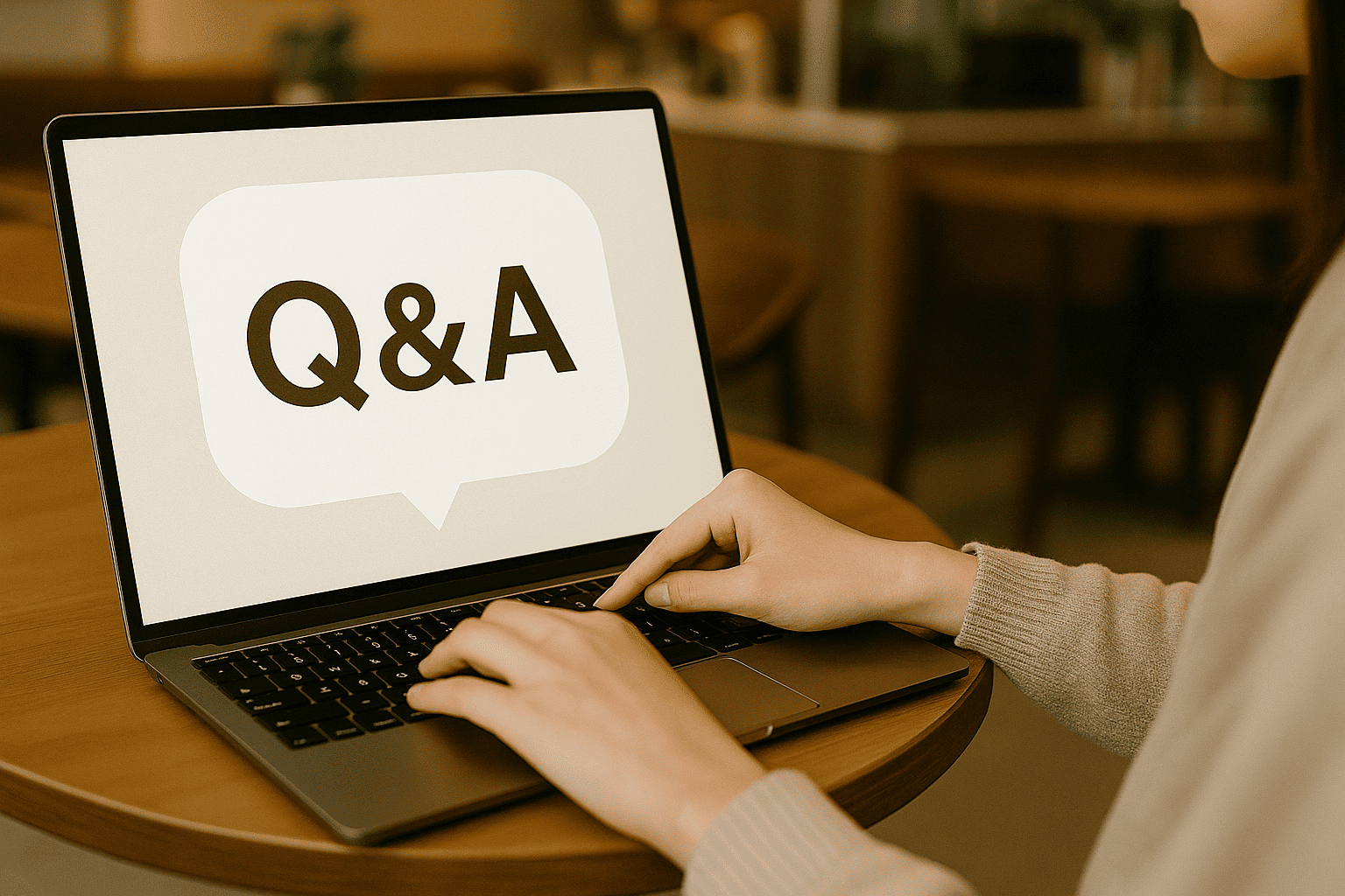 ノートパソコンの画面に表示されたQ&Aページと、それを操作する人の手元。疑問解決のイメージ。