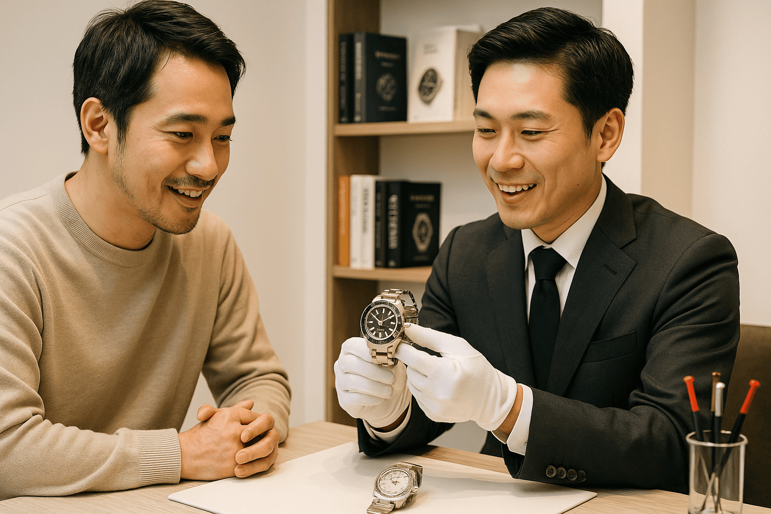 ウォッチニアン買取専門店の明るい店内で、時計専門の鑑定士が顧客に時計を見せながら丁寧に説明している。専門性と信頼性が伝わる。
