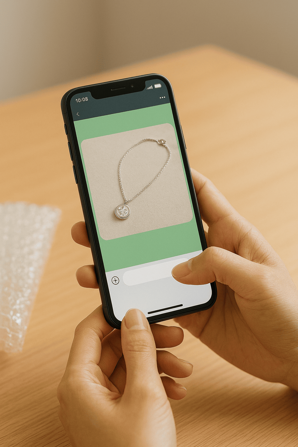 スマートフォンでブランド品の写真を撮影し、LINEアプリで送信している操作画面のイメージ。