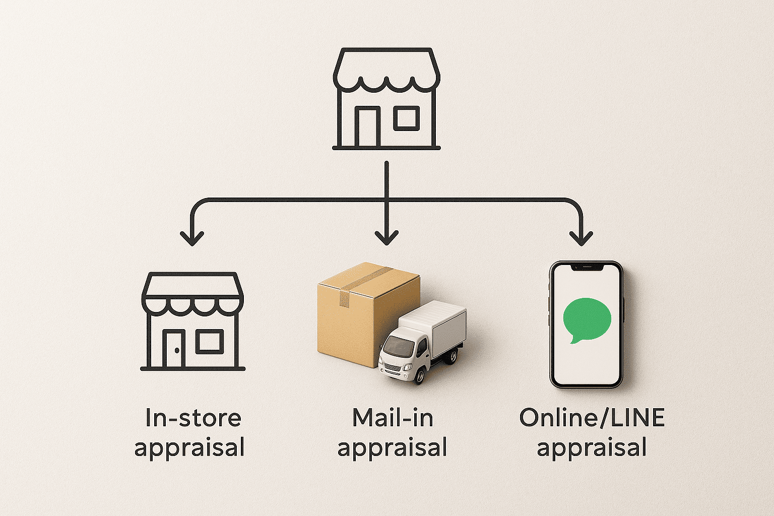 店頭・宅配・LINEを象徴するアイコンが分岐するシンプルなフローチャート風の図。買取方法の選択肢を示す。