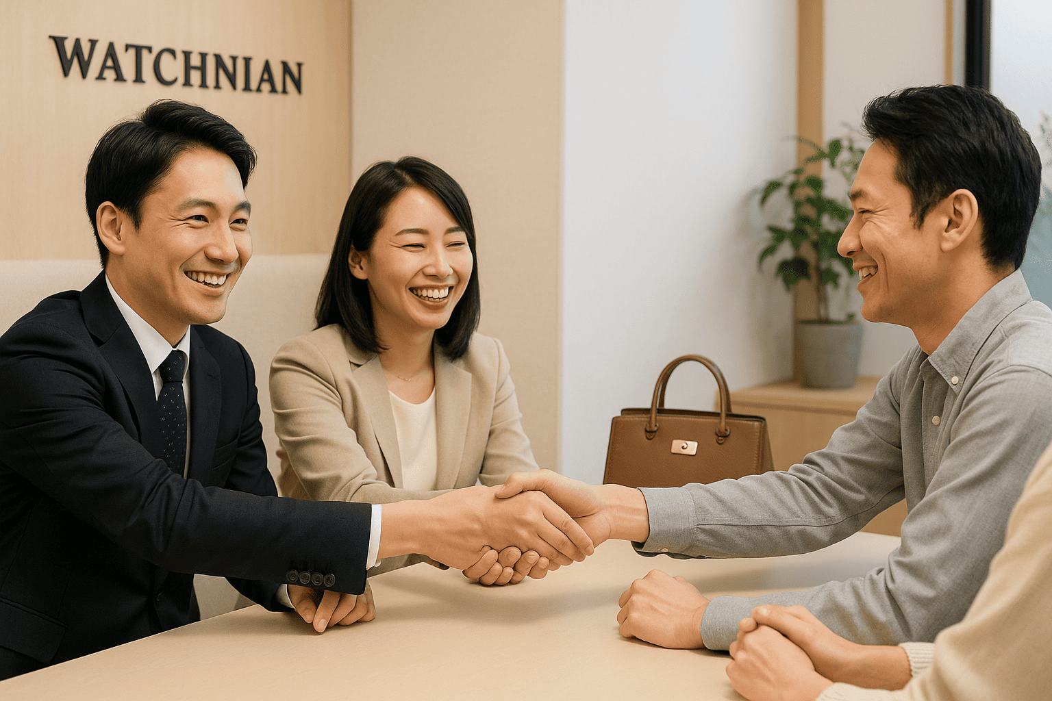 笑顔の鑑定士（男女）がお客様（男女）と和やかに話し、満足感と信頼関係が伝わるシーン。