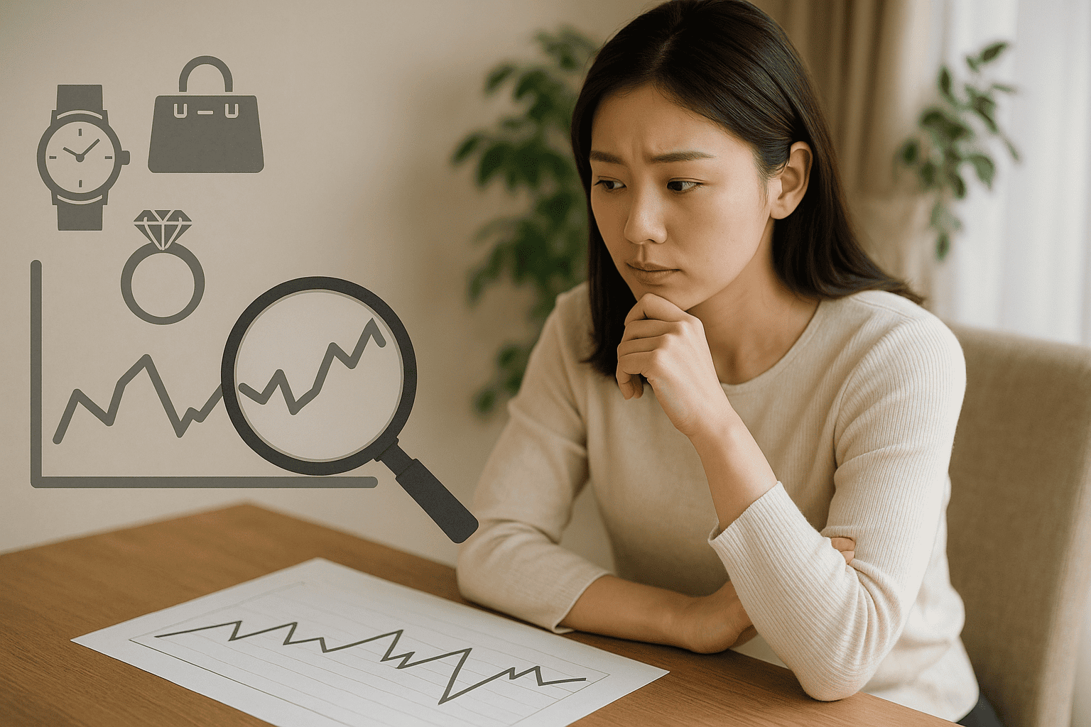 グラフと虫眼鏡で相場を調査するイメージ