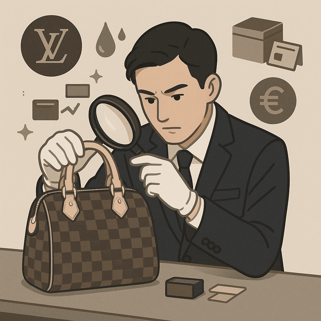 査定士がブランドバッグを丁寧にチェックしている様子