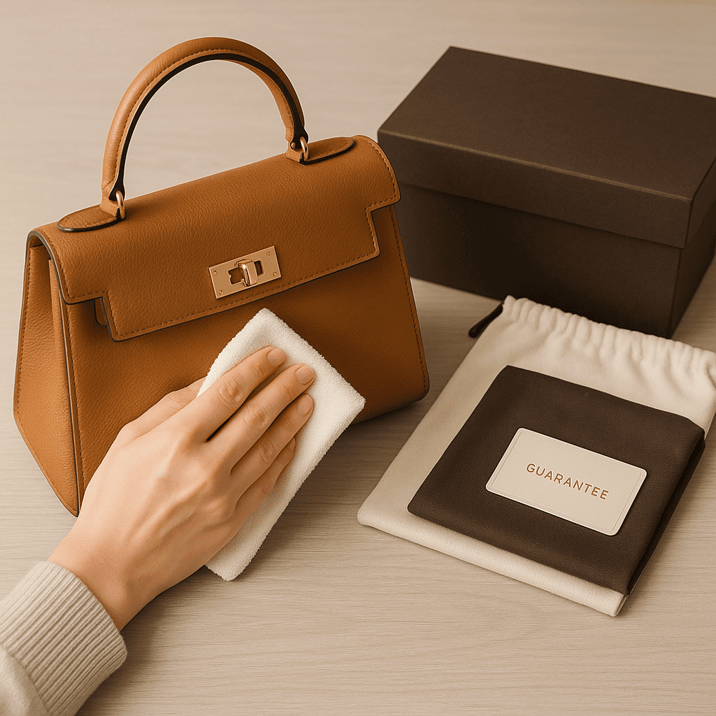 清掃されたブランドバッグと揃った付属品