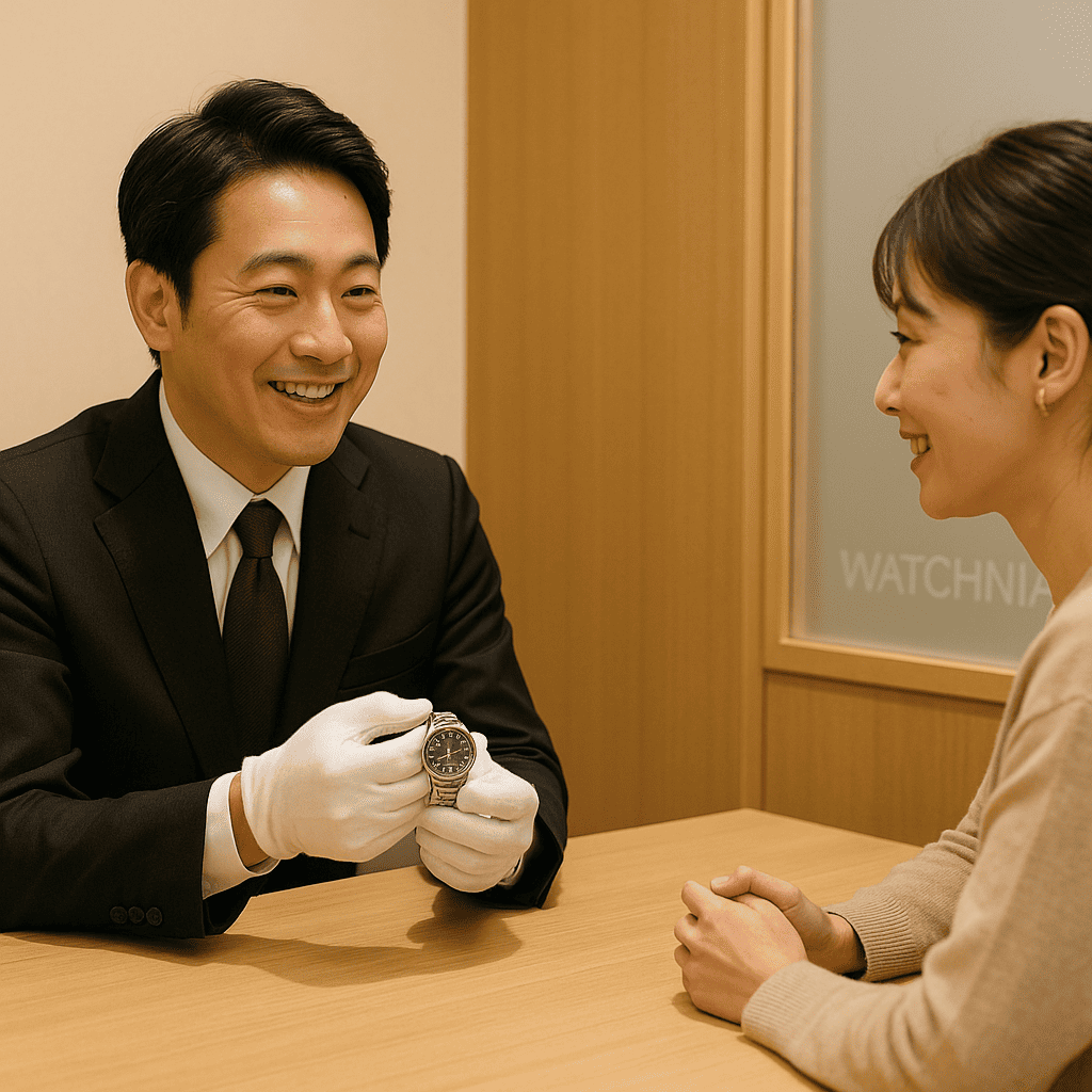 ウォッチニアン買取専門店の中野店舗で鑑定士が顧客と話している様子