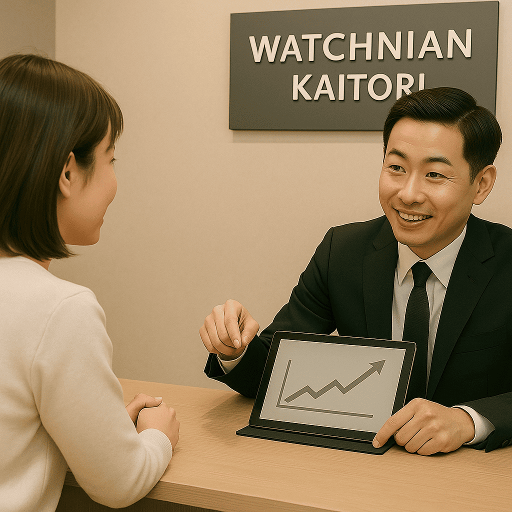ウォッチニアン買取専門店の鑑定士がお客様に相場を説明するシーン