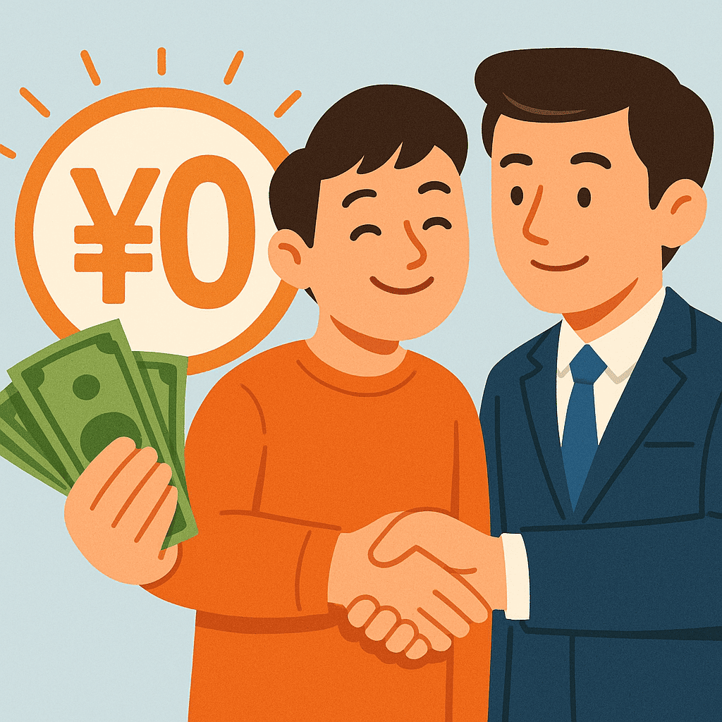 手数料無料を示す¥0マークと笑顔のお客様