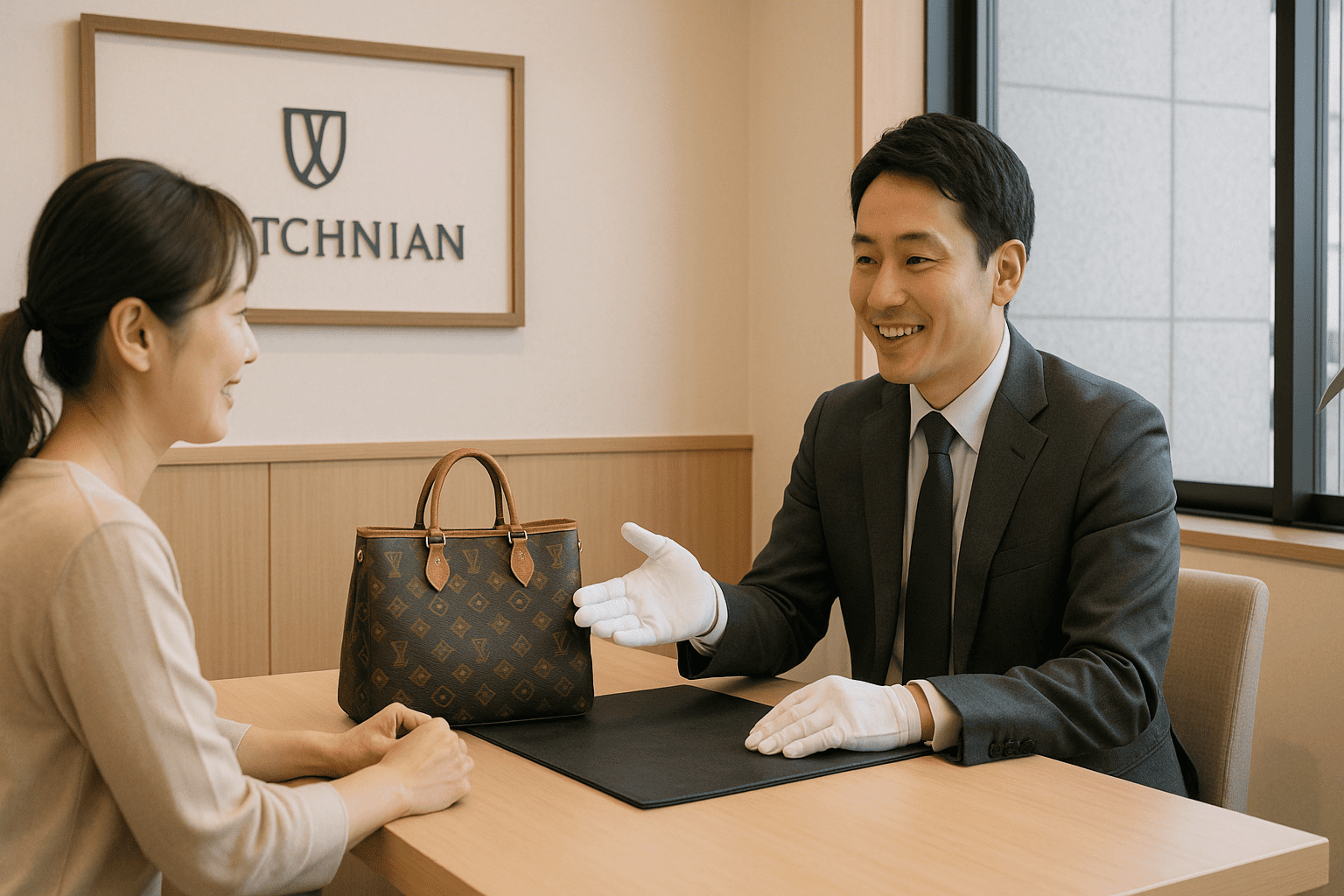 ウォッチニアン買取専門店 北千住マルイ店の査定ブースで、鑑定士と顧客が笑顔で話している様子