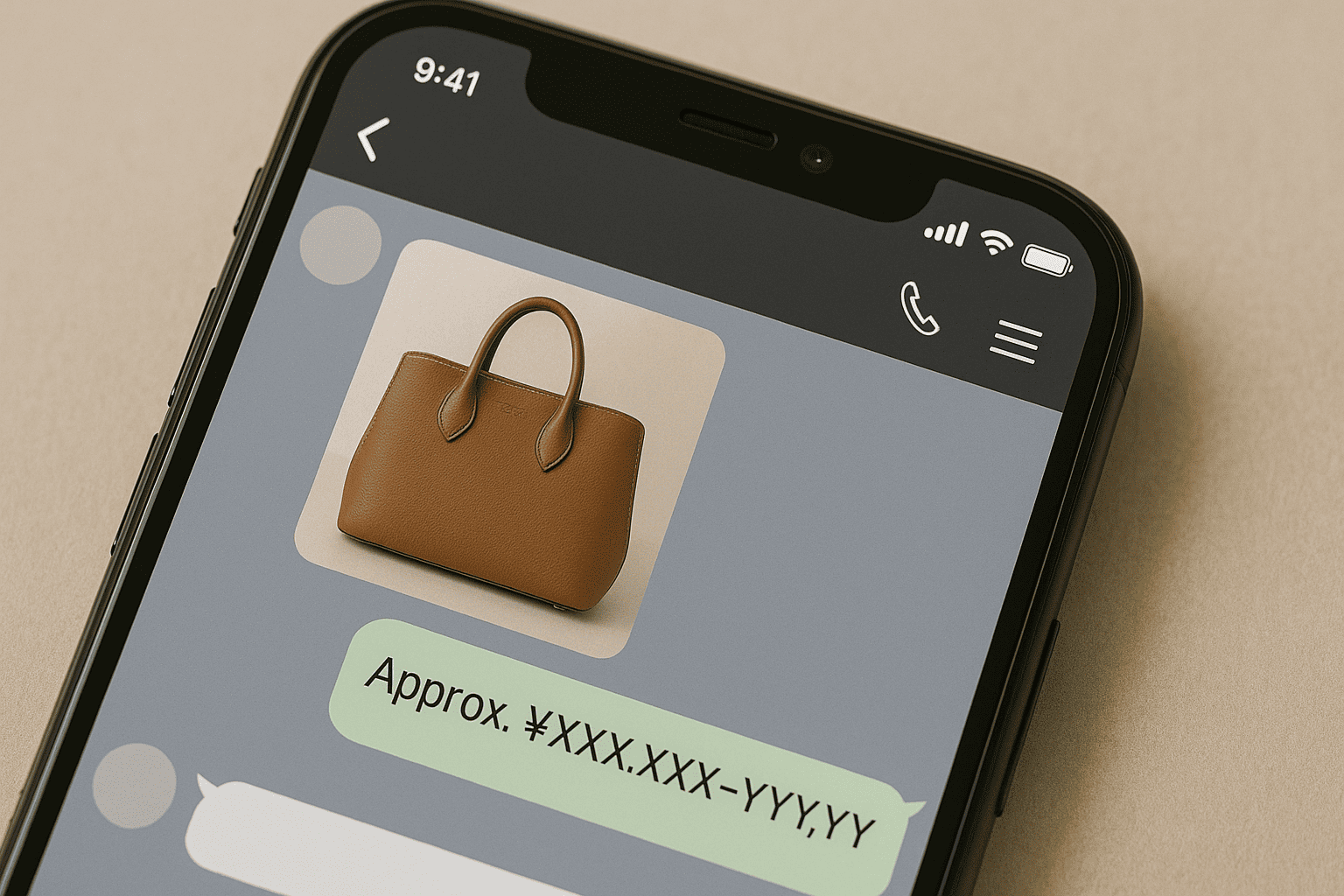 スマートフォンの画面にウォッチニアン買取専門店のLINEアカウントが表示され、査定結果のメッセージがきている様子