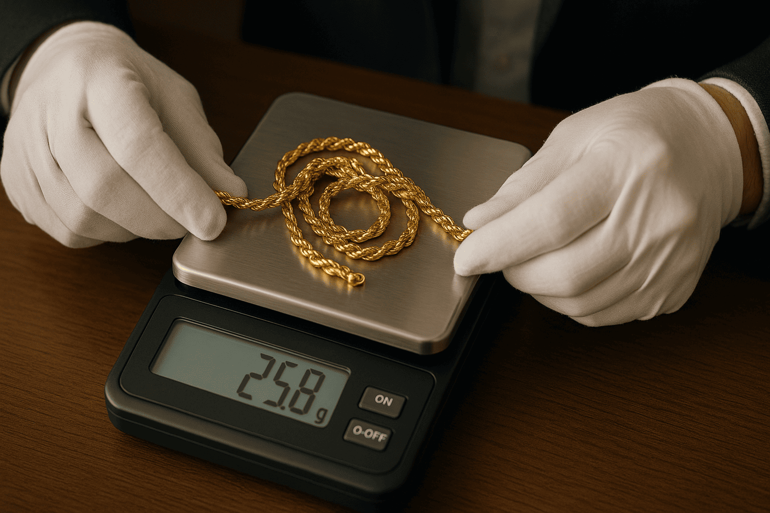 ウォッチニアンの鑑定士が専用の計りで金のネックレスの重さを量っているプロフェッショナルな様子