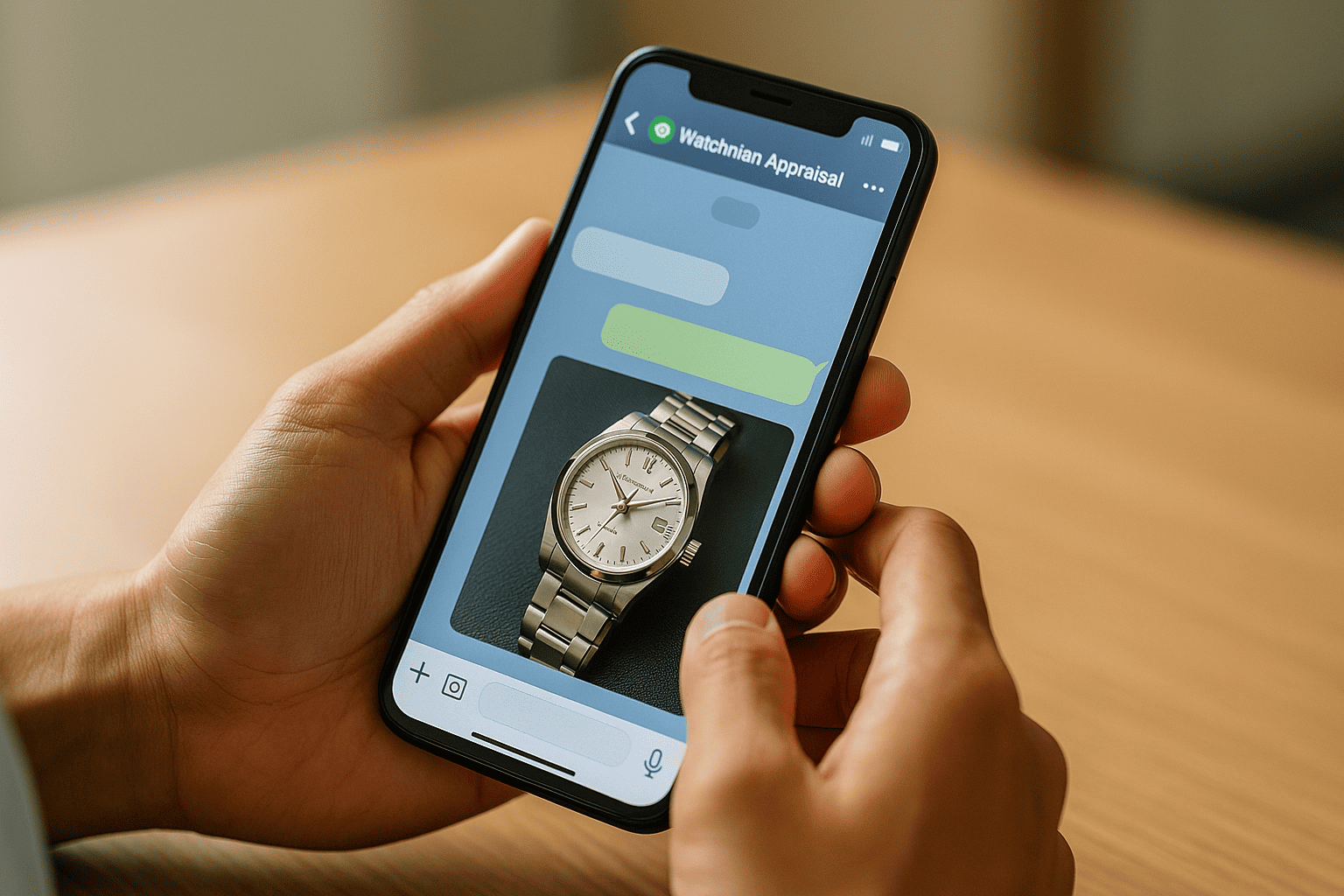 スマートフォンでブランドバッグの写真を撮り、LINE査定を申し込んでいるイメージ