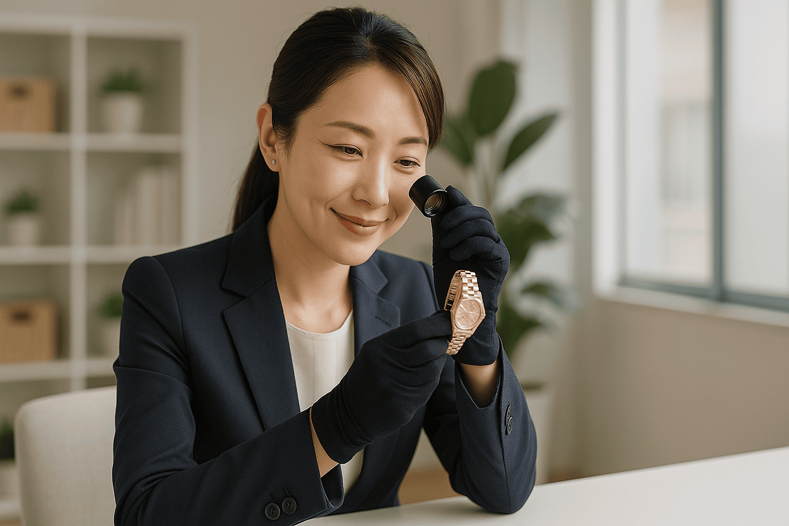 鑑定士がルーペを使ってブランド品を丁寧に査定している様子