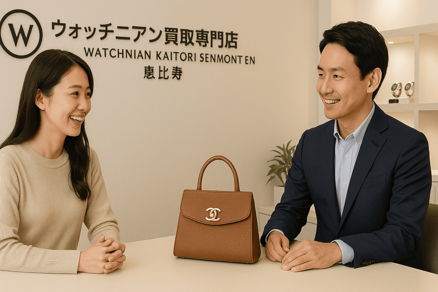 ウォッチニアン買取専門店 恵比寿の明るく清潔な店内で、日本人女性顧客が笑顔でブランドバッグの査定結果を聞いている様子