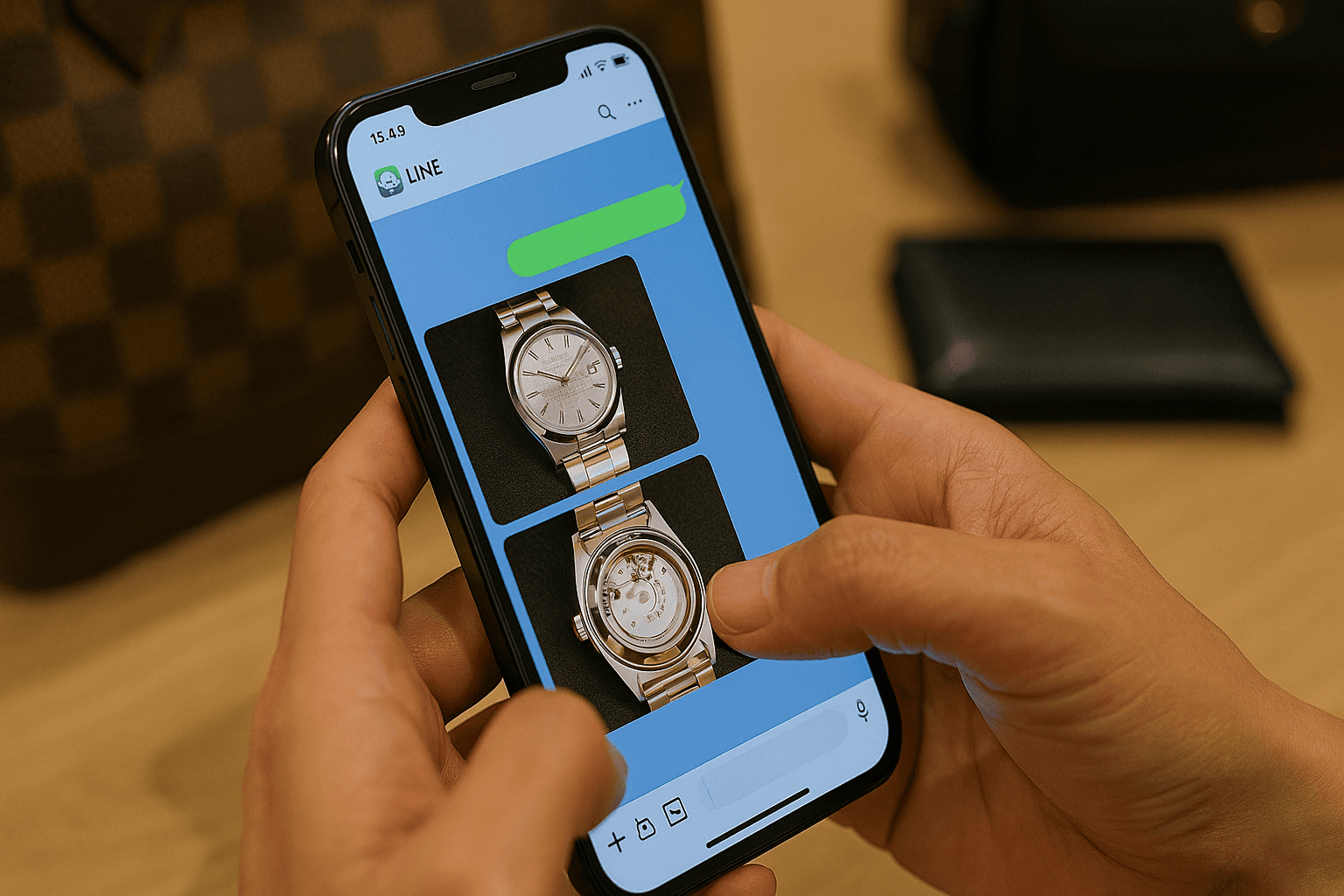 スマートフォンでLINEアプリを開き、ブランド品の写真を撮って送信している手のクローズアップ。背景にはバッグや時計が少し見える。