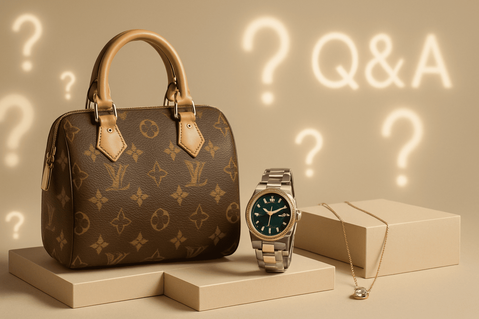 様々なブランド品のバッグ、時計、ジュエリーなどが並び、その上に「Q&A」や「?」マークが浮かんでいるスタイリッシュなイメージ