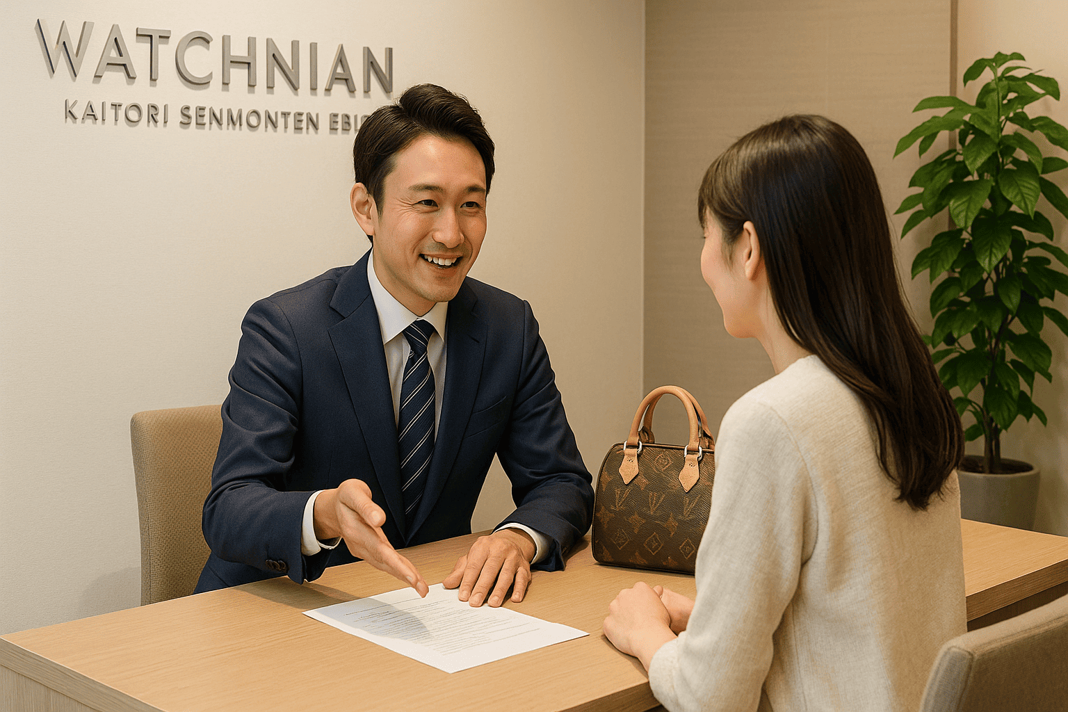 ウォッチニアン買取専門店 恵比寿の鑑定士が、日本人顧客に査定結果を丁寧に説明し、顧客が納得した表情で聞いているシーン