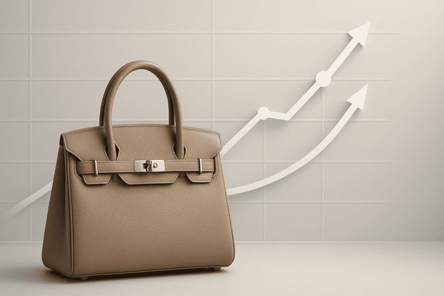 ブランド品(時計やバッグ)と上昇傾向を示す株価チャートのようなグラフが重ねられ、価格変動と価値の高まりを視覚的に表現したイメージ。