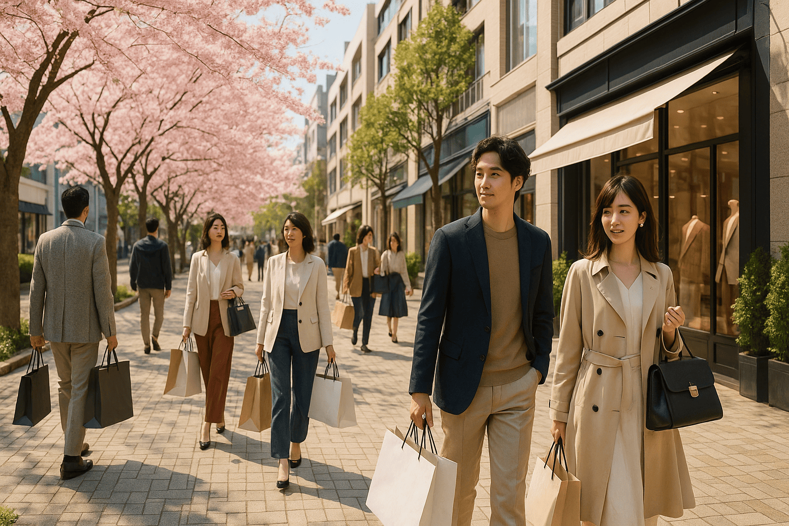 春の恵比寿のファッショナブルな街並み。桜並木の下を、明るい色合いの春服を着た日本人男女が楽しそうに歩いている様子。