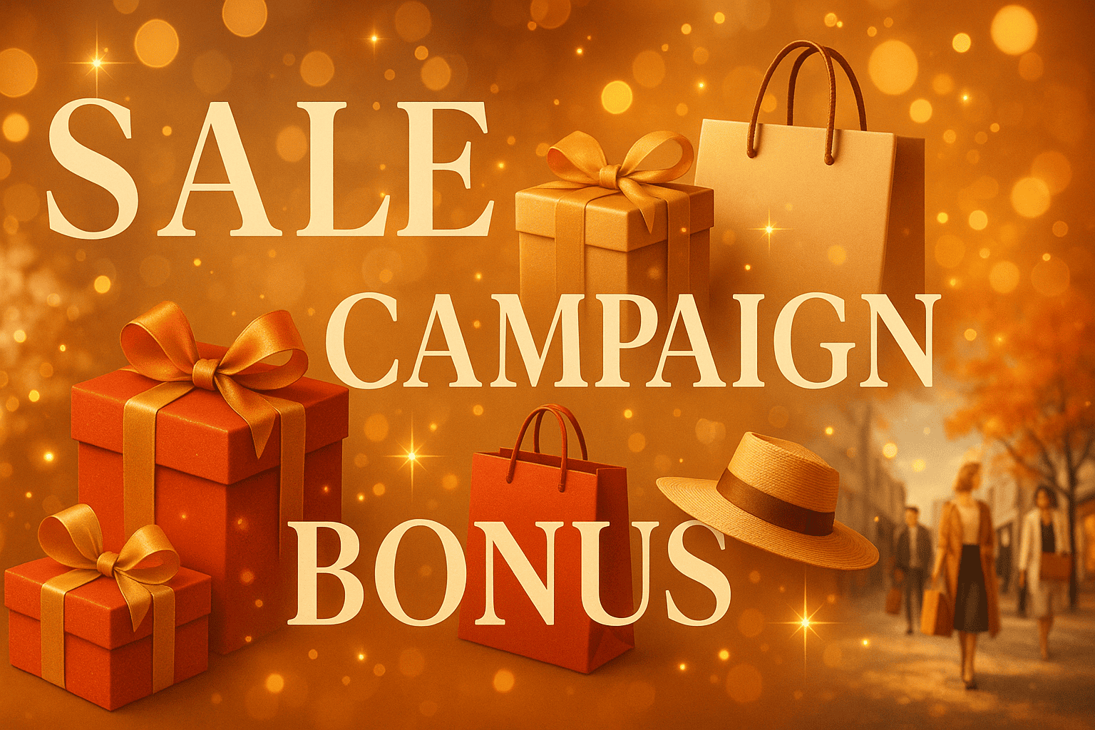 「SALE」「CAMPAIGN」「BONUS」といった文字と、プレゼントボックスやキラキラしたエフェクトが組み合わさり、お得感や高揚感を演出する華やかなイメージ。