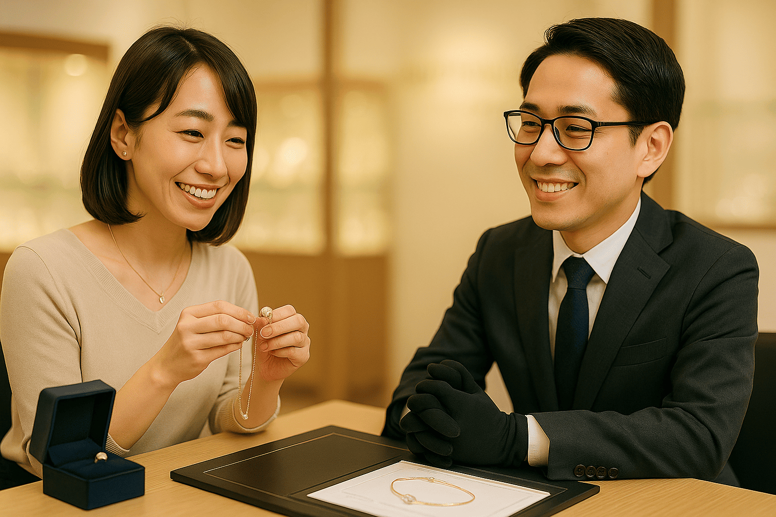 ウォッチニアン買取専門店 恵比寿の明るく落ち着いた店内で、日本人女性顧客がジュエリーの査定を受けており、専門の鑑定士から説明を受け満足そうに頷いているシーン。