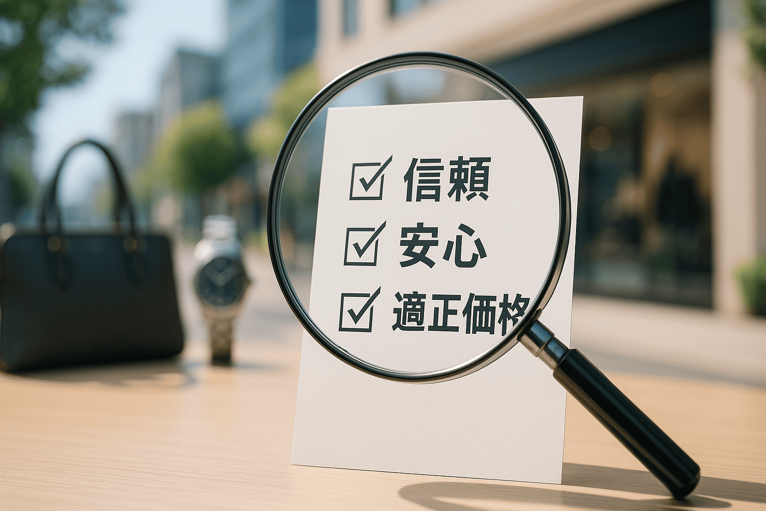 虫眼鏡で「信頼」「安心」といったキーワードやチェックリストのアイコンを覗き込んでいるイメージ。背景には恵比寿の街並みとブランド品のシルエットがぼかして見える。