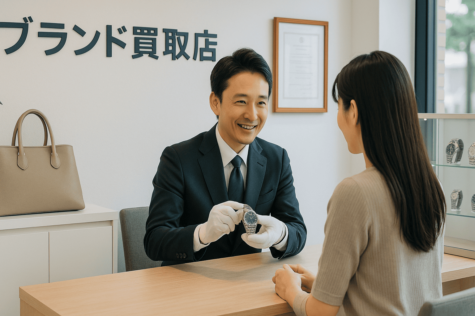 明るく清潔なブランド買取店のカウンターで、親切な日本人鑑定士が日本人顧客に査定内容を丁寧に説明している場面。店内には古物商許可証などが掲示されている。