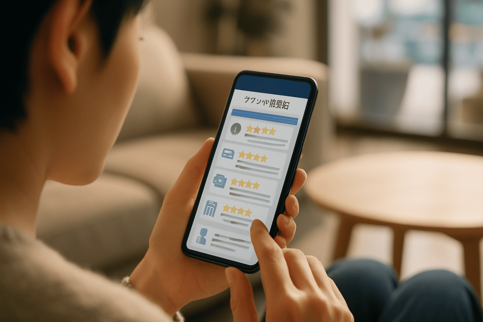 日本人の男女がスマートフォンで買取店のレビューや口コミを真剣な表情で確認しているイメージ。カフェや自宅などリラックスした空間で調べている。