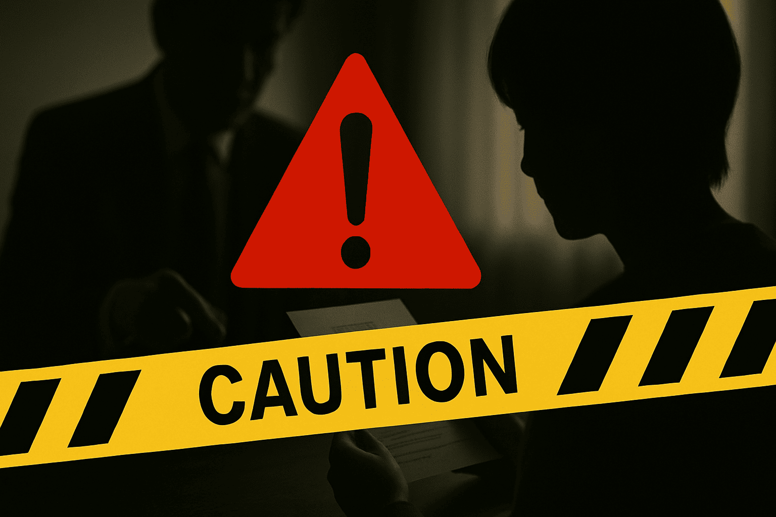 赤い「!」の警告マークや「CAUTION」テープ、怪しげな契約書や強引な接客を連想させるシルエットを組み合わせた、注意喚起を促すコラージュ風イメージ。