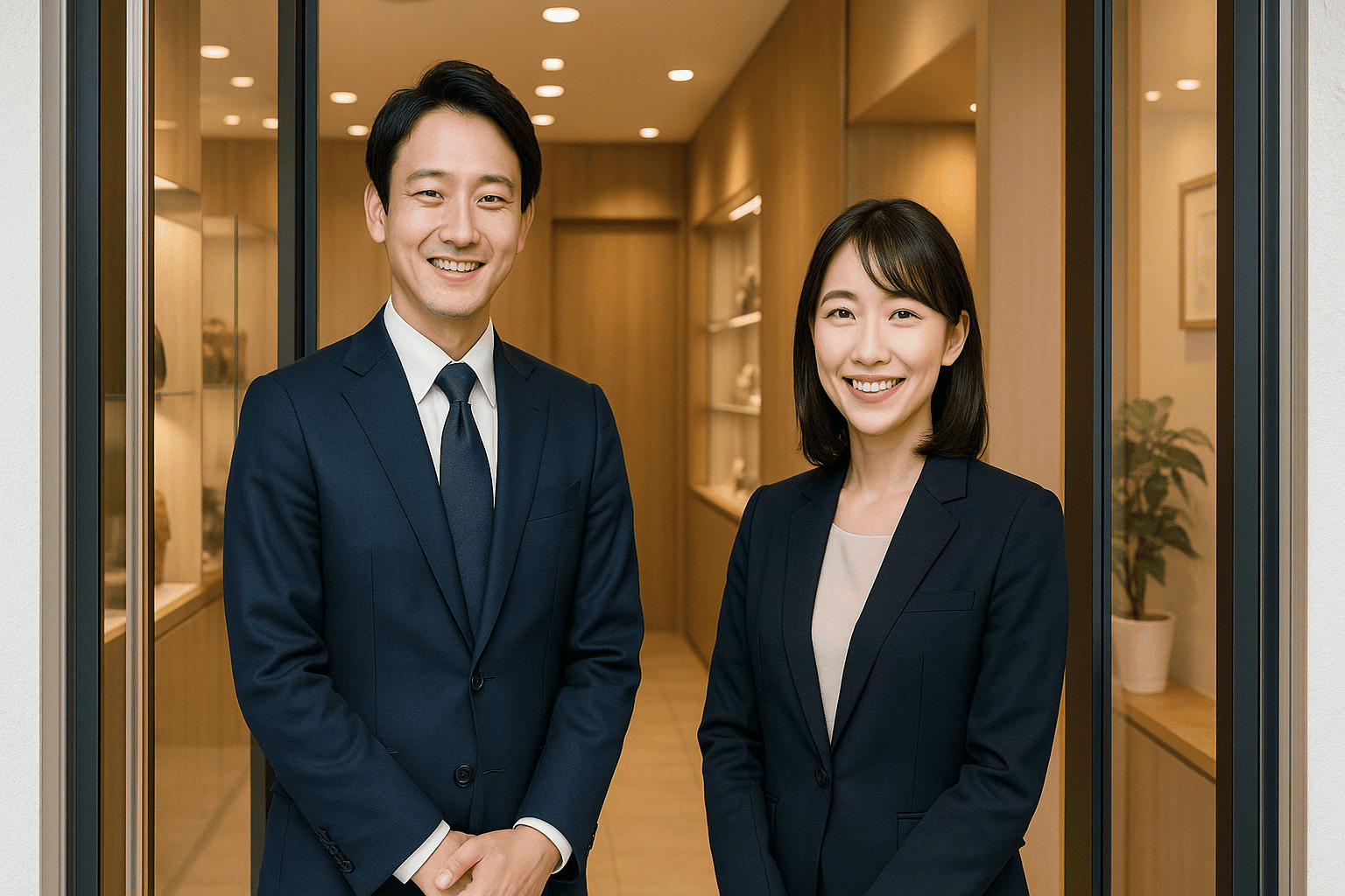 ウォッチニアン買取専門店 恵比寿の店舗スタッフ(日本人男女の鑑定士)が、カウンター越しに笑顔でお客様を迎え入れている、プロフェッショナルで安心感のあるシーン。