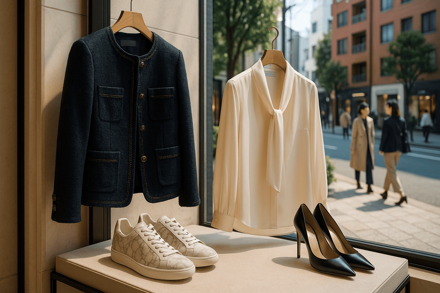 恵比寿のおしゃれなブティックが並ぶ通りを背景に、スタイリッシュなブランドの洋服や靴が美しくディスプレイされているイメージ、またはファッショナブルな日本人男女が恵比寿を歩いている様子。