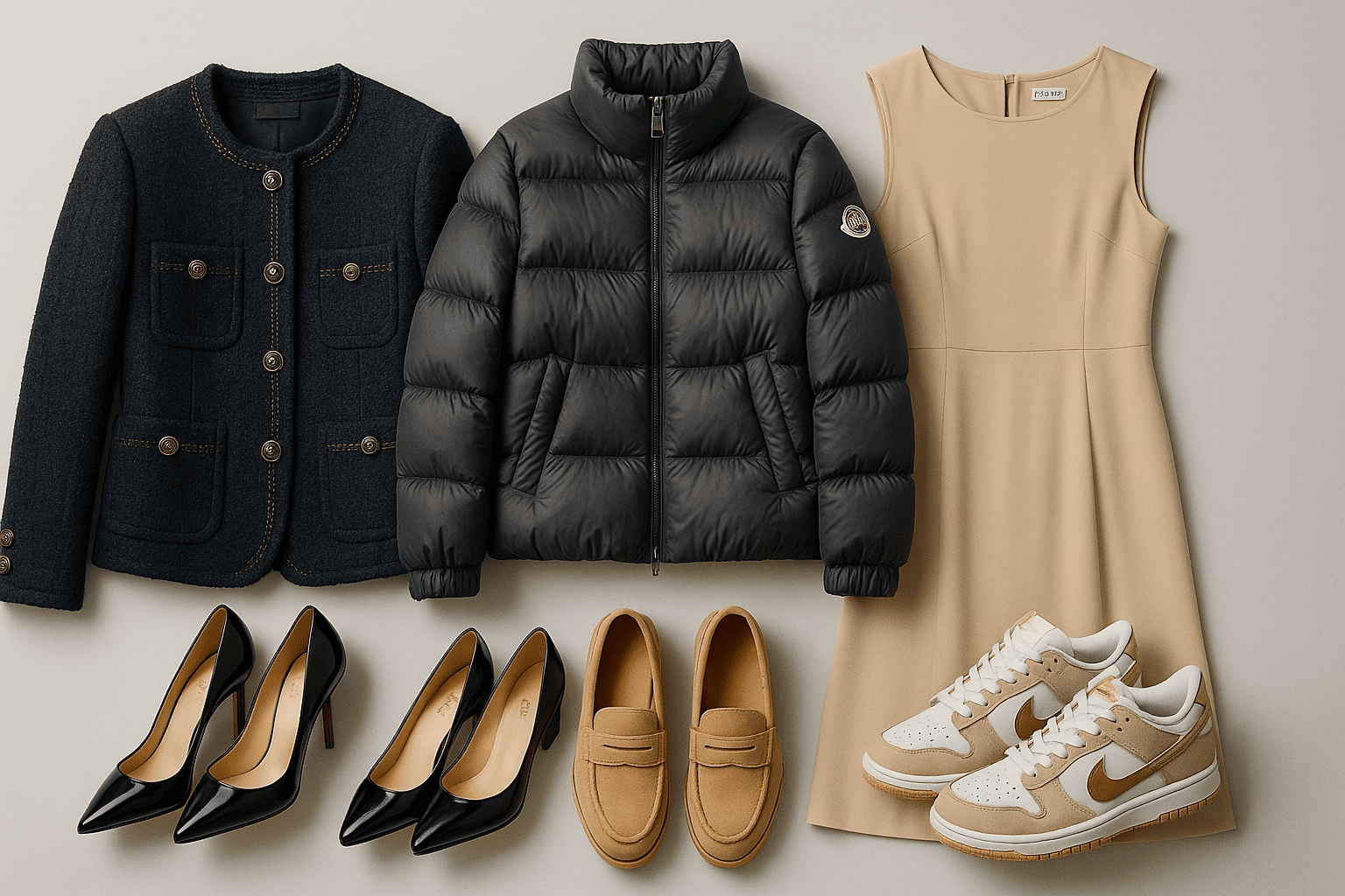 人気デザイナーズブランドの最新コレクションの洋服(ジャケット、ワンピースなど)や、高級ブランドの靴(パンプス、スニーカー、ブーツなど)が洗練された雰囲気で並べられている画像。