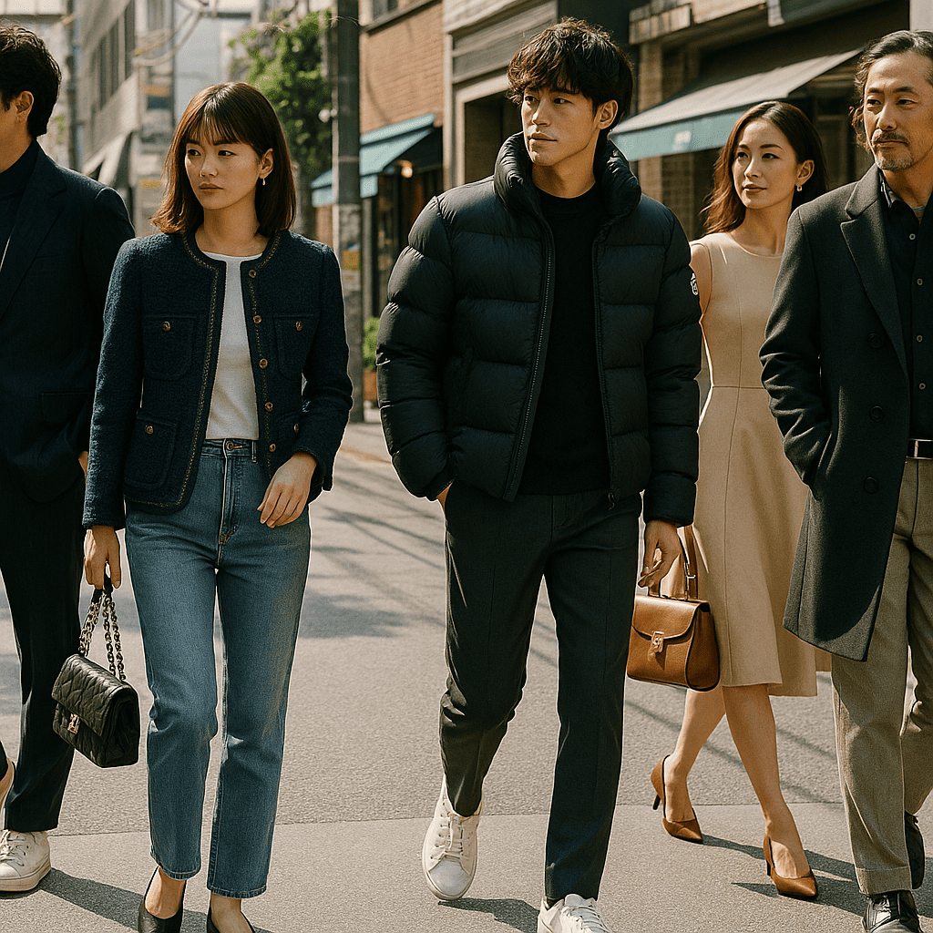 恵比寿のトレンド感あふれる街角で、人気ブランドのファッションに身を包んだ様々なスタイルの日本人男女がおしゃれに歩いているスナップ風のイメージ。