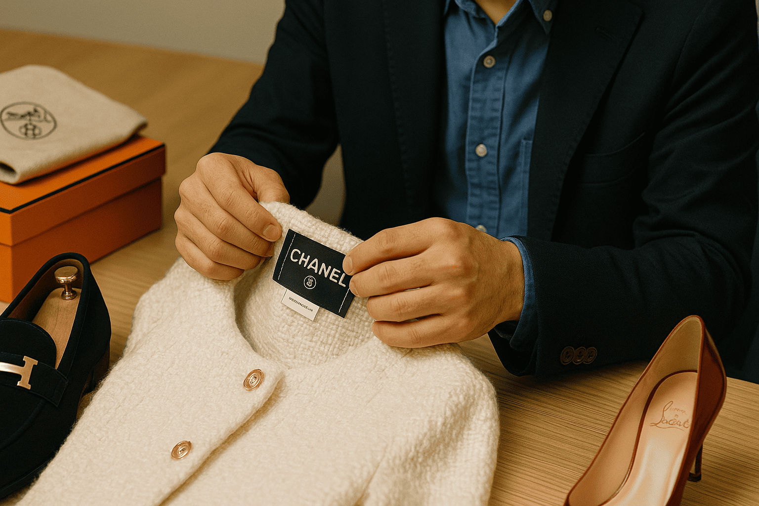 ブランド衣類の品質表示タグやブランドロゴ、靴底の使用状態などを鑑定士が手袋をして丁寧にチェックしているクローズアップ写真。付属品の箱や保存袋も見える。