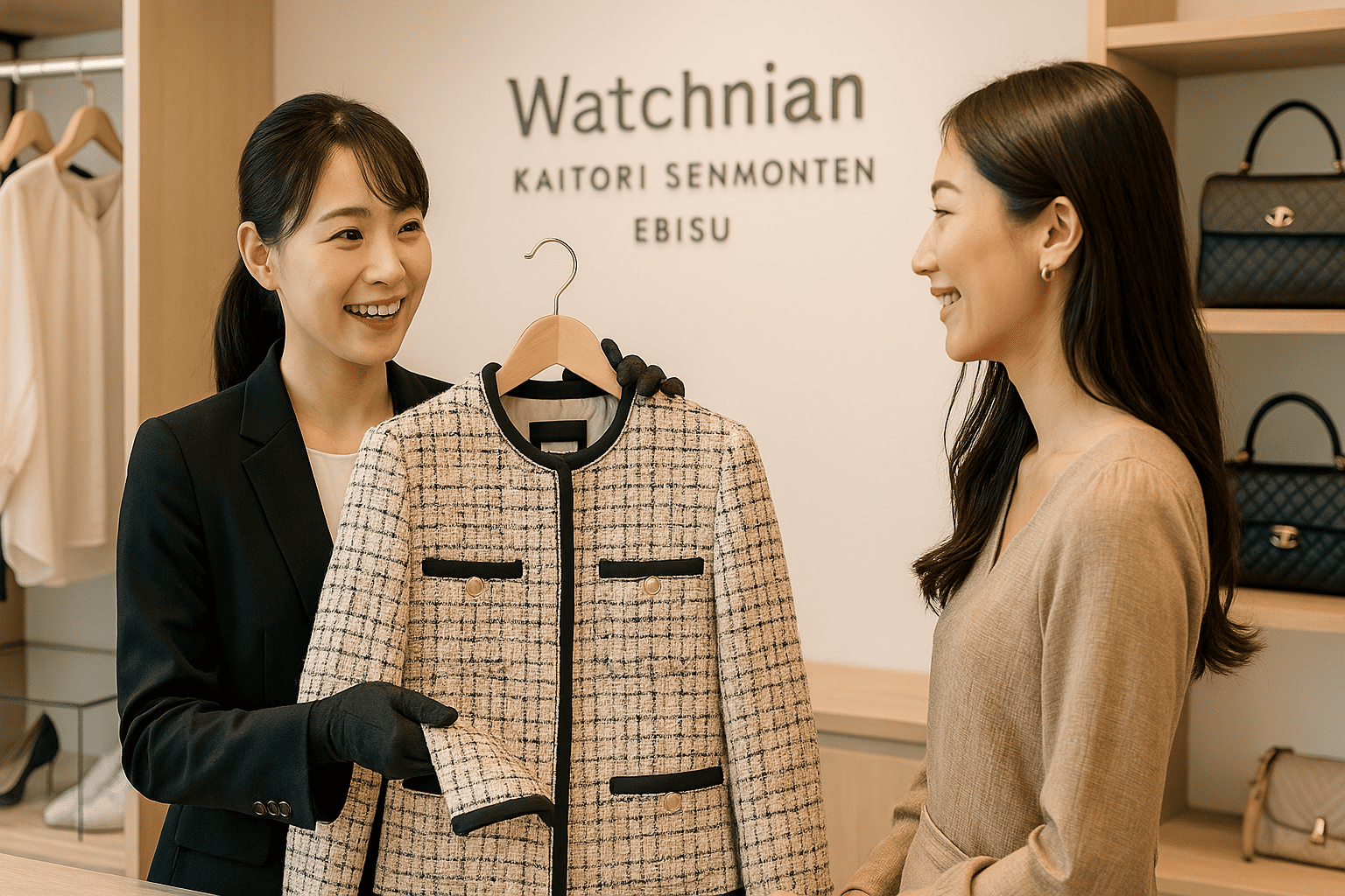 ウォッチニアン買取専門店 恵比寿の明るく清潔な店内で、ファッショナブルな日本人女性顧客がブランドの洋服や靴について、専門の鑑定士と和やかに話し合っているシーン。