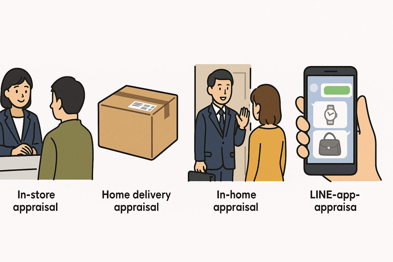 店頭買取、宅配買取、出張買取、LINE査定の4つの買取方法をイメージしたイラスト
