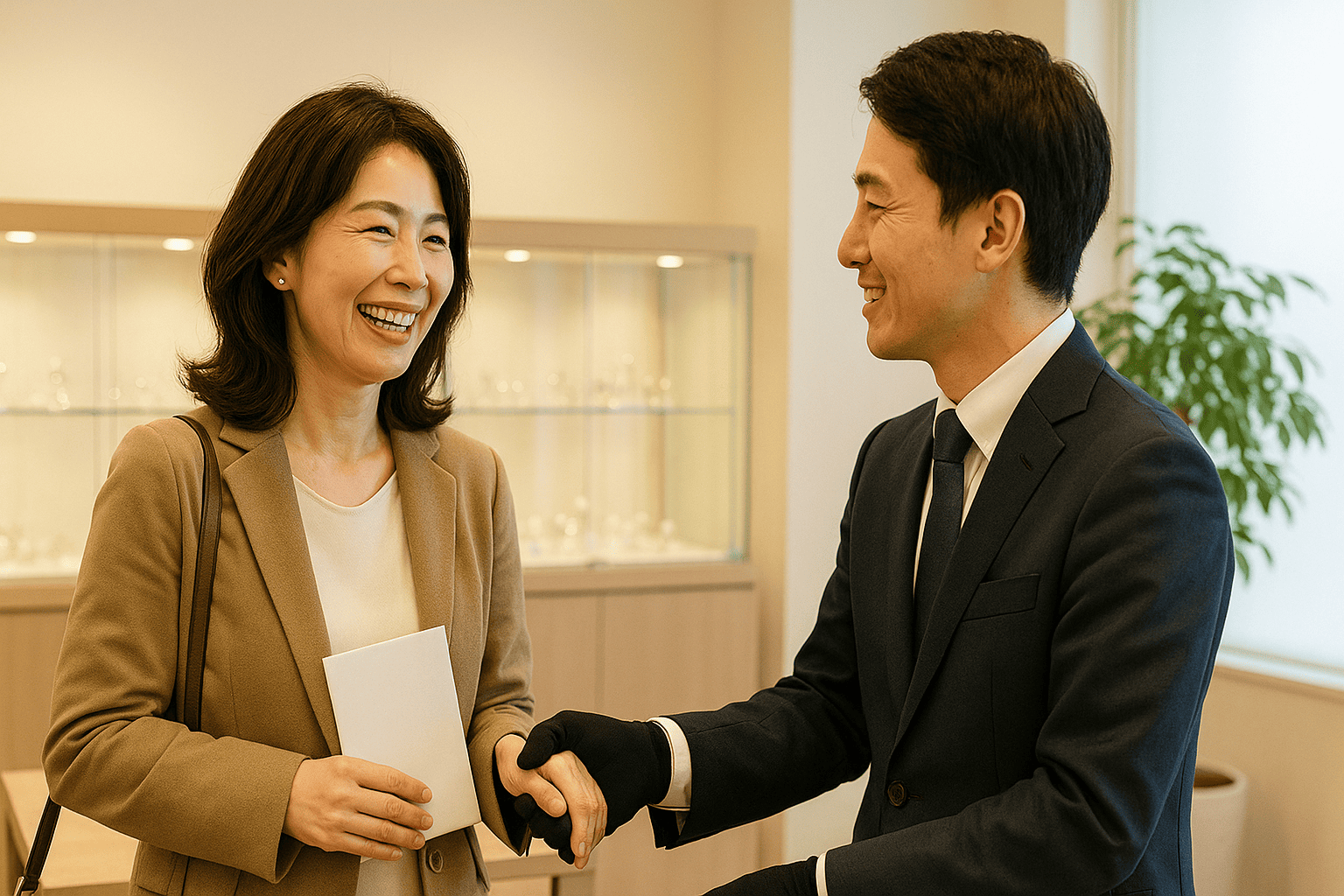 お客様がウォッチニアン買取専門店の店舗で満足そうに取引を終えるイメージ