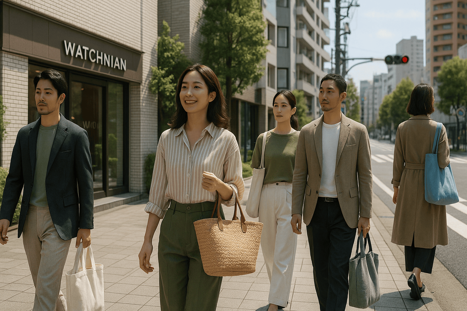 恵比寿の洗練された街中で、エコバッグを持ったり、サステナブルな素材の服を着たりしている意識の高い日本人男女の爽やかなイメージ。