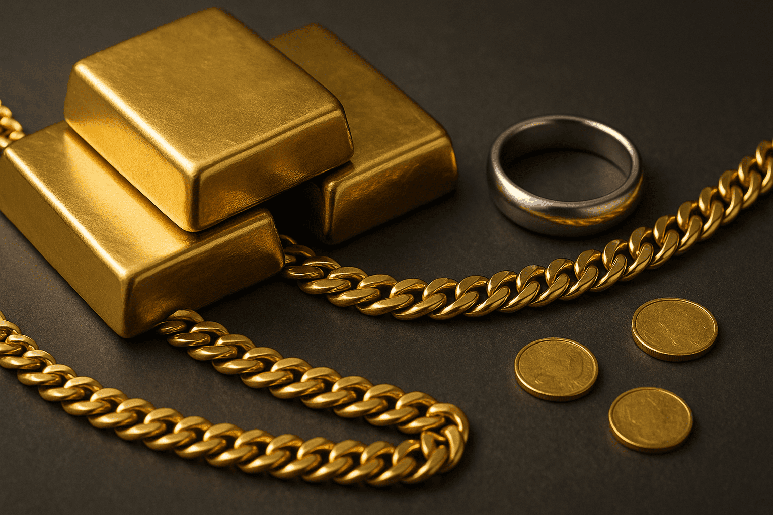 金のインゴット、喜平ネックレス、プラチナリングのイメージ
