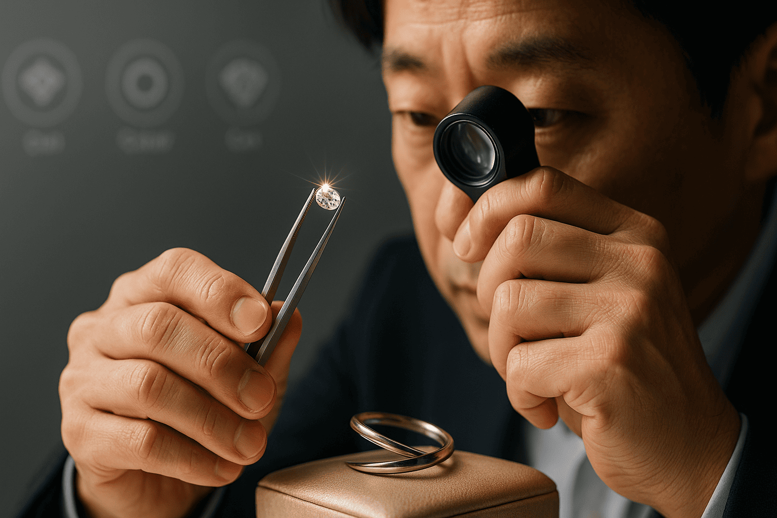 鑑定士がルーペでダイヤモンドを鑑定している様子と4Cの図解イメージ