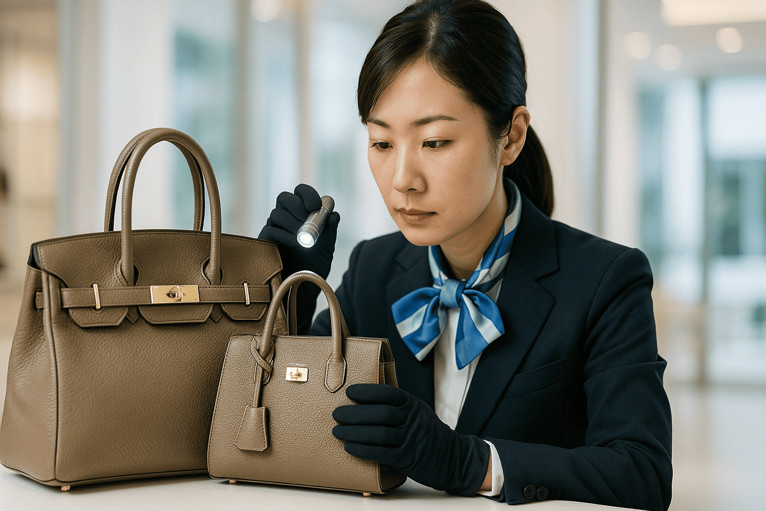 ウォッチニアンの鑑定士がブランドバッグを丁寧に査定している様子