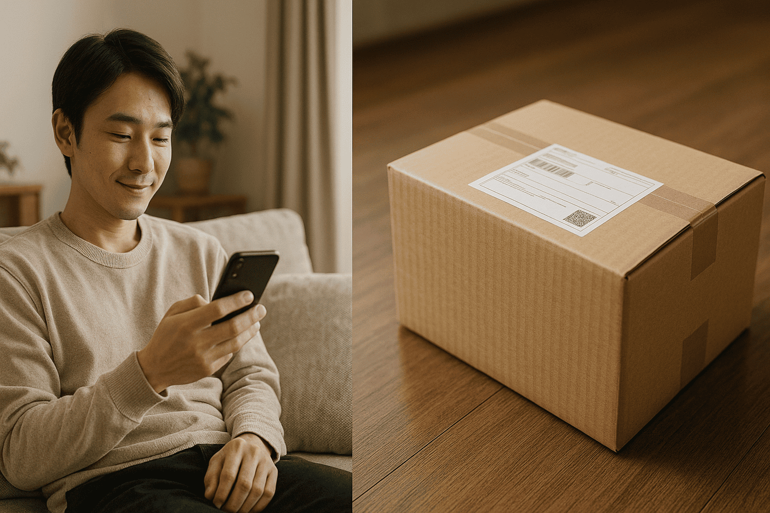 スマートフォンを操作する人と宅配便の箱が置かれた部屋のイメージ